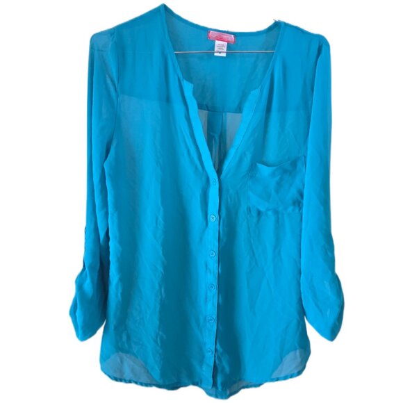 Six Degrees Teal Sheer Long Sleeve Button Down Blouse with Pocket - Picture 1 of 3